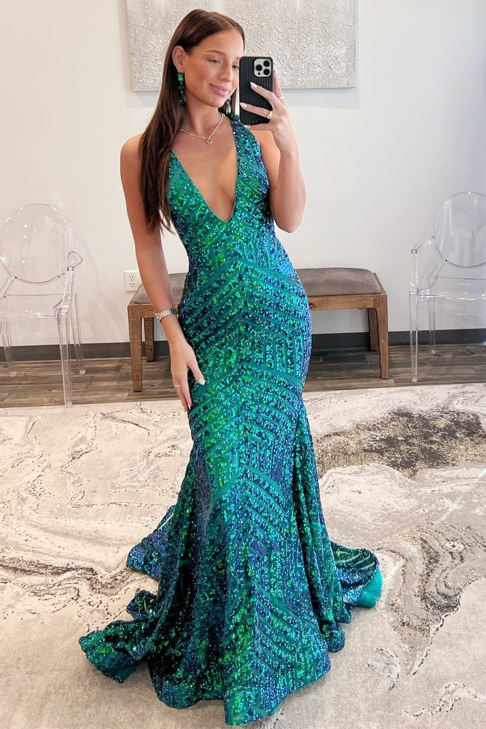 Split Side V-Neck Mermaid Long Prom Dress with Sequins and Rhinestones main image 0