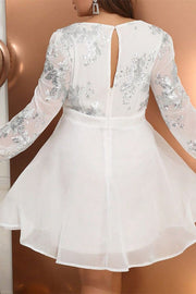 Plus Size White Surplice A-Line Mini Dress with Glitter Lace