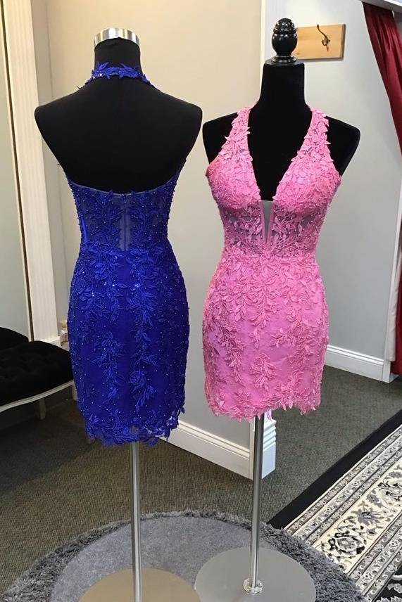 Pink Halter V-Neck Applique Rhinestone Tight Homecoming Dress