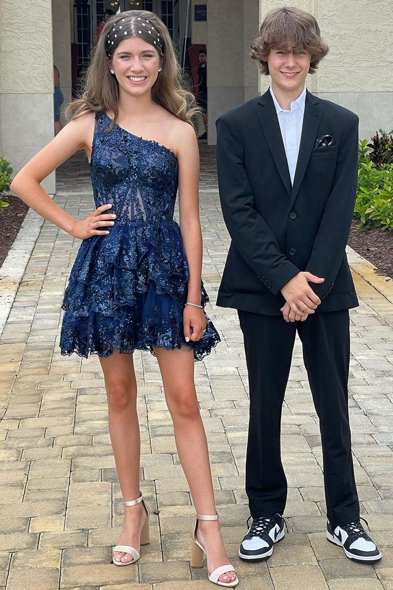 Light Blue Sequin-Embroidery One-Shoulder A-Line Homecoming Dress