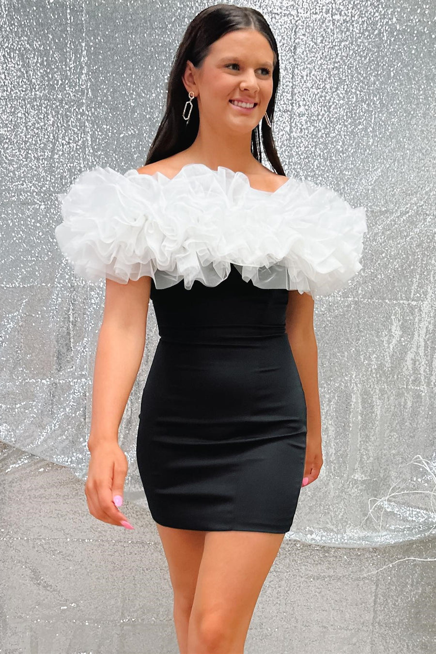 Black Off-the-Shoulder Fitted Homecoming Dress with Ruffles