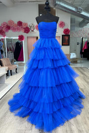 White Strapless Tiered A-Line Long Prom Dress with Ruffles