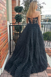 back of Appliques Sweetheart Ruffle Tiered A-Line Prom Dress in black