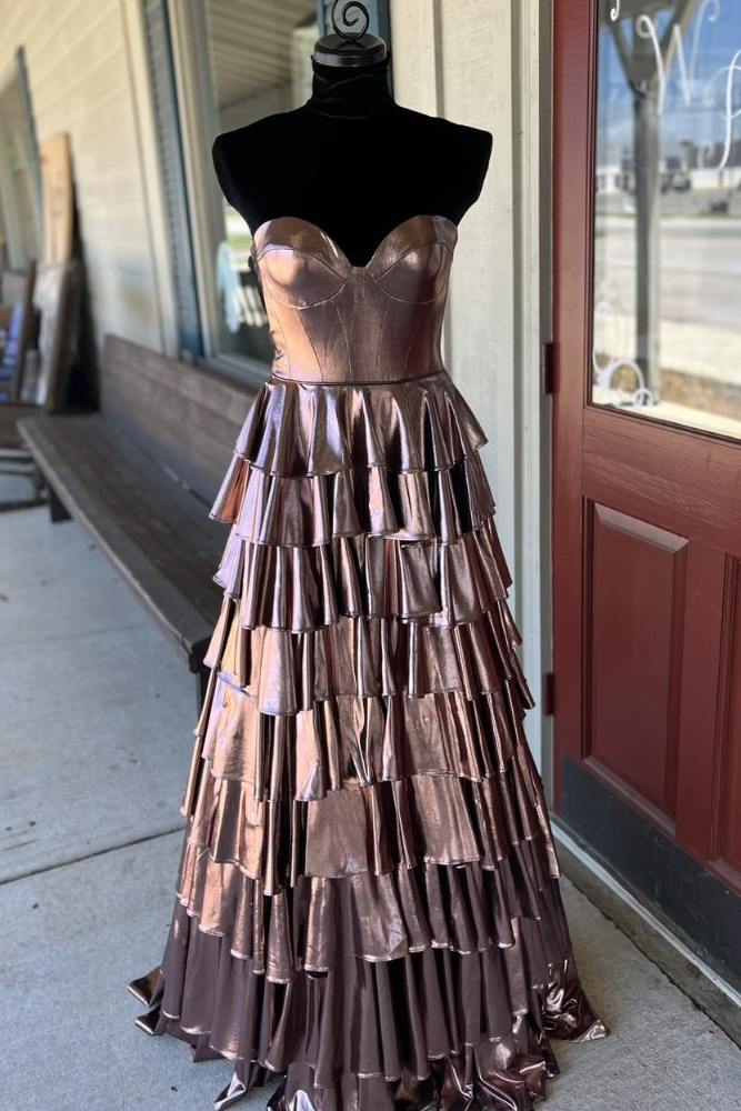 A-Line Metallic Empire-Waist Sweetheart Ruffle Tiered Long Prom Dress