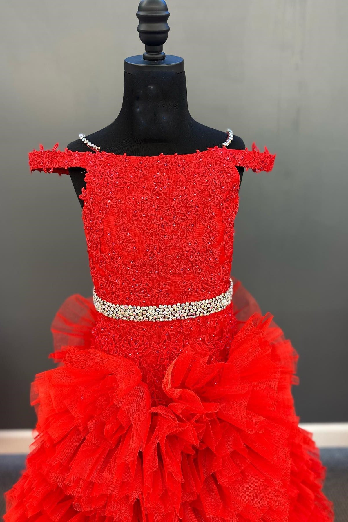Red Off-the-Shoulder Beaded Appliques Ruffles Flower Girl Dress