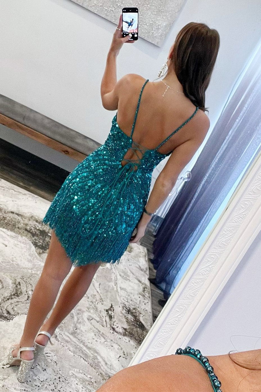 White Beaded V-Neck Cocktail Dress with Fringes