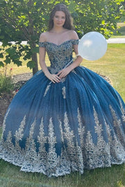 Sparkly Navy Blue Off-the-Shoulder Ball Gown