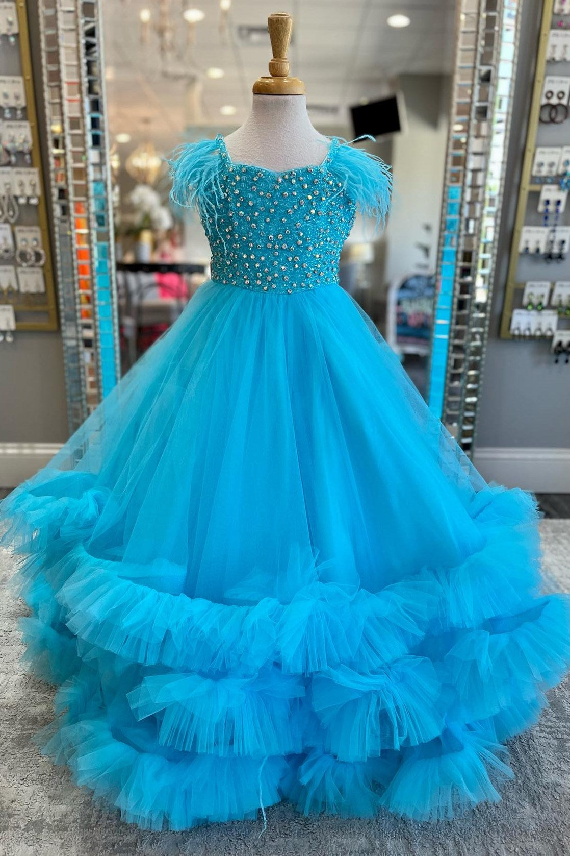 White Beaded A-Line Multi-Layer Girl Pageant Dress with Feathers
