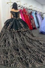 Glamorous Black Appliques Off-the-Shoulder Ball Gown