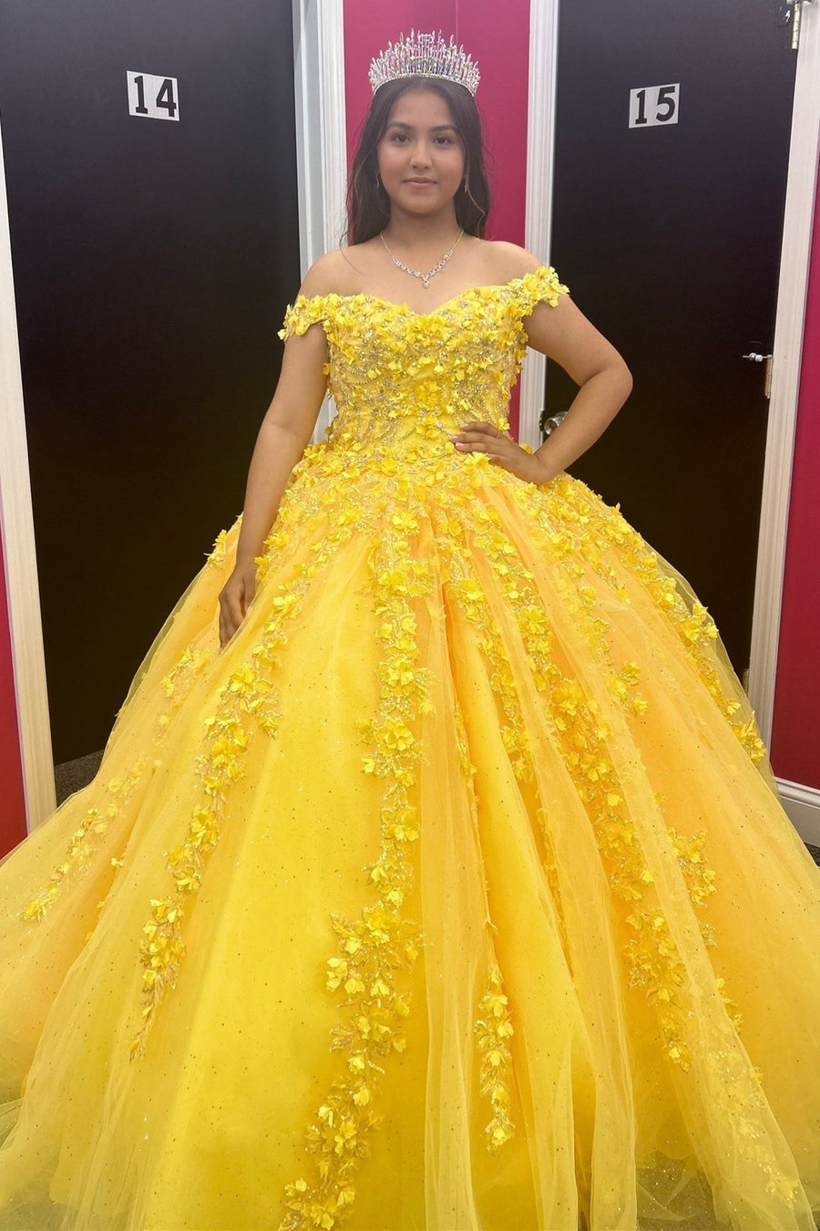 Yellow Off-the-Shoulder Ball Gown with 3D Floral Lace