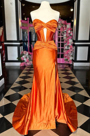Classy Strapless Keyhole Mermaid Satin Long Prom Dress with Slit