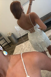 White Beaded V-Neck Cocktail Dress with Fringes