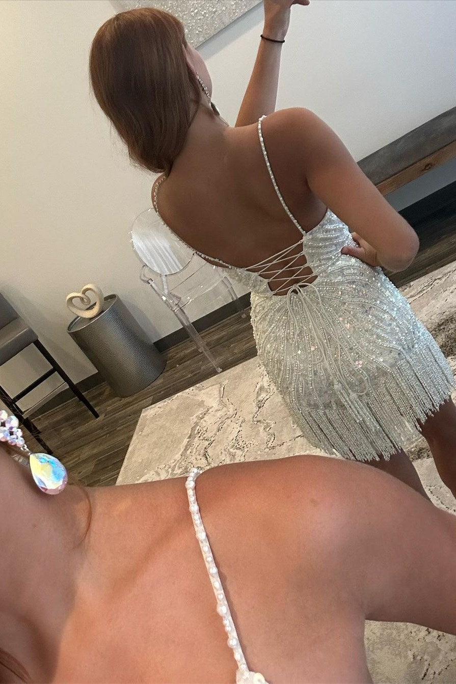 White Beaded V-Neck Cocktail Dress with Fringes
