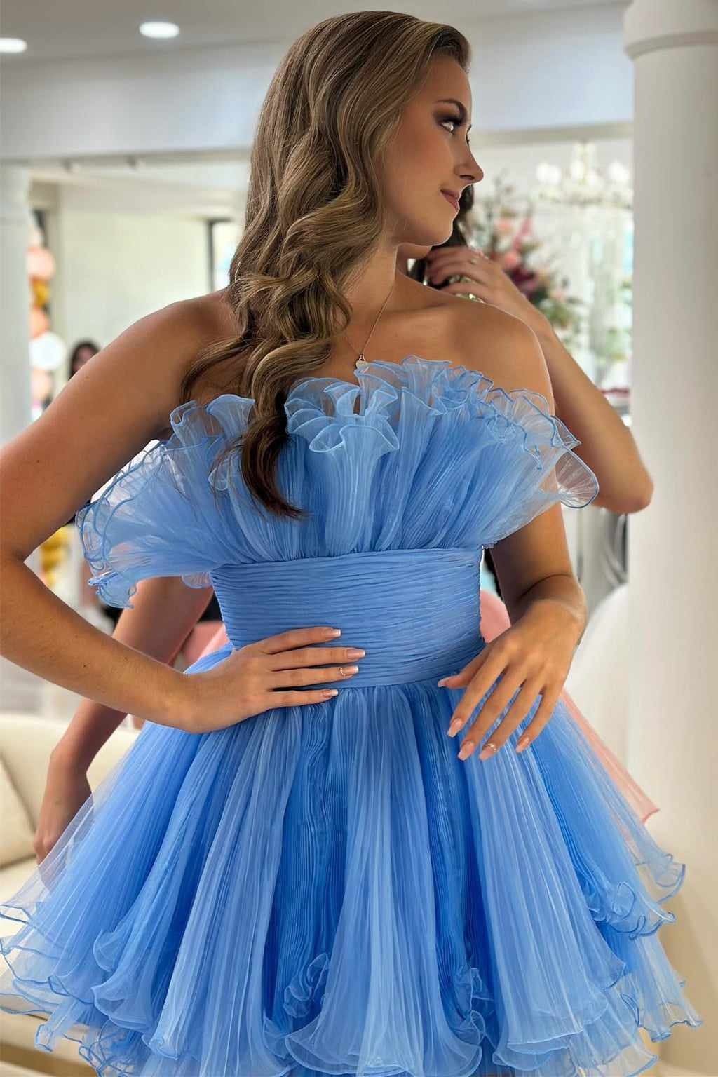 Light Blue Strapless Pleated Short Dress with Ruffles – Modsele