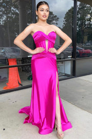Classy Strapless Keyhole Mermaid Satin Long Prom Dress with Slit