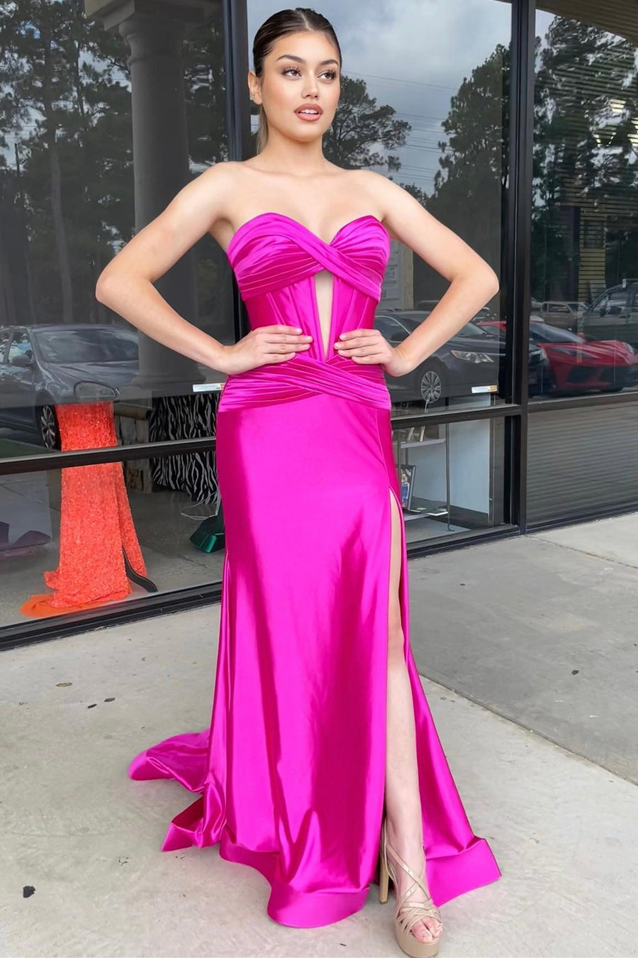 Classy Strapless Keyhole Mermaid Satin Long Prom Dress with Slit