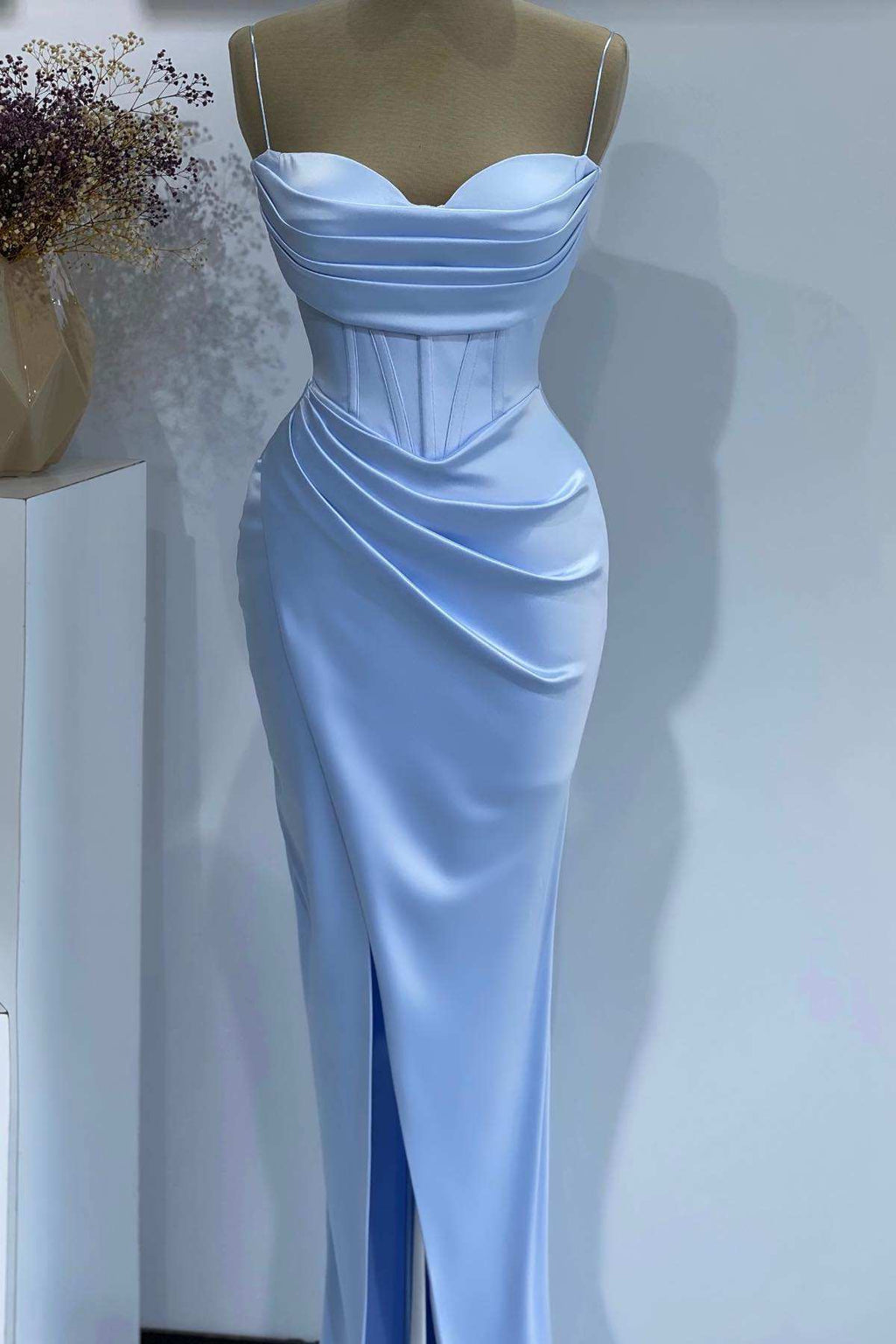 Simple Long Blue V-neck Spaghetti Straps Satin Evening Dresses With Slit main image 1