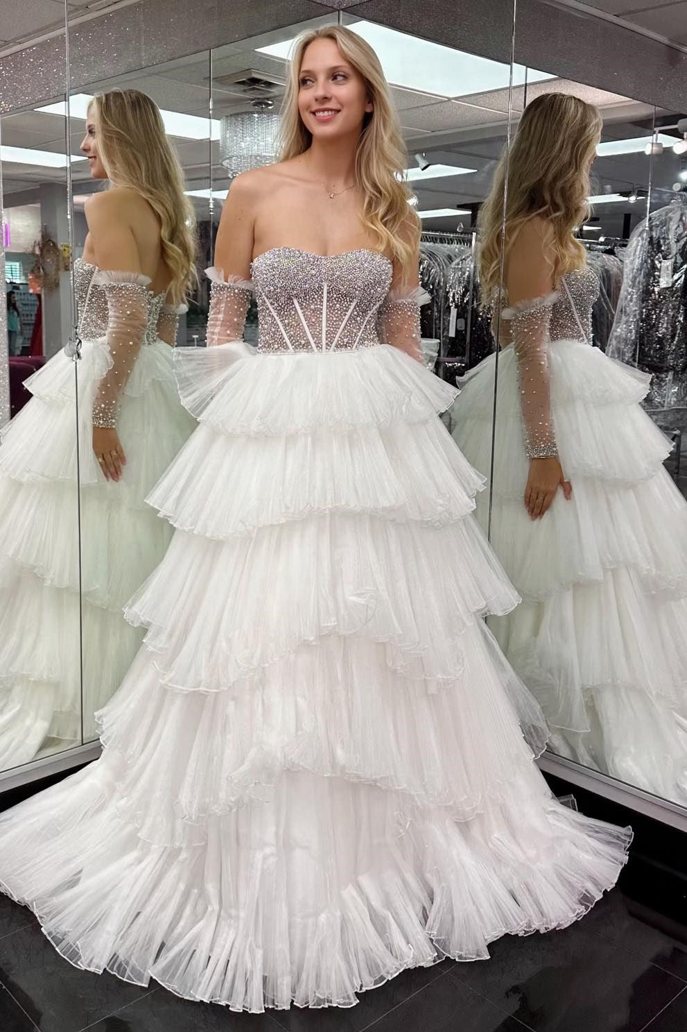 White Beaded Sweetheart Tiered Long Gown with Detachable Sleeves – Modsele