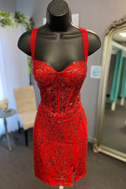 Red Sequin Lace Sweetheart Bodycon Short Dress