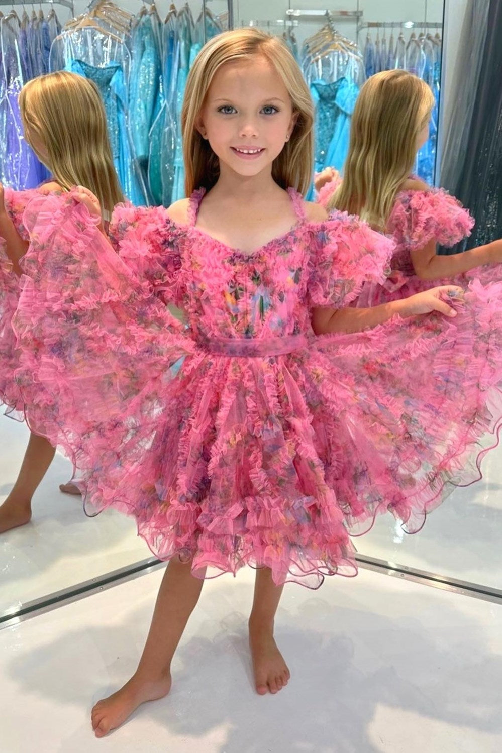 Bright Pink Print Cold-Shoulder A-Line Girl Pageant Dress