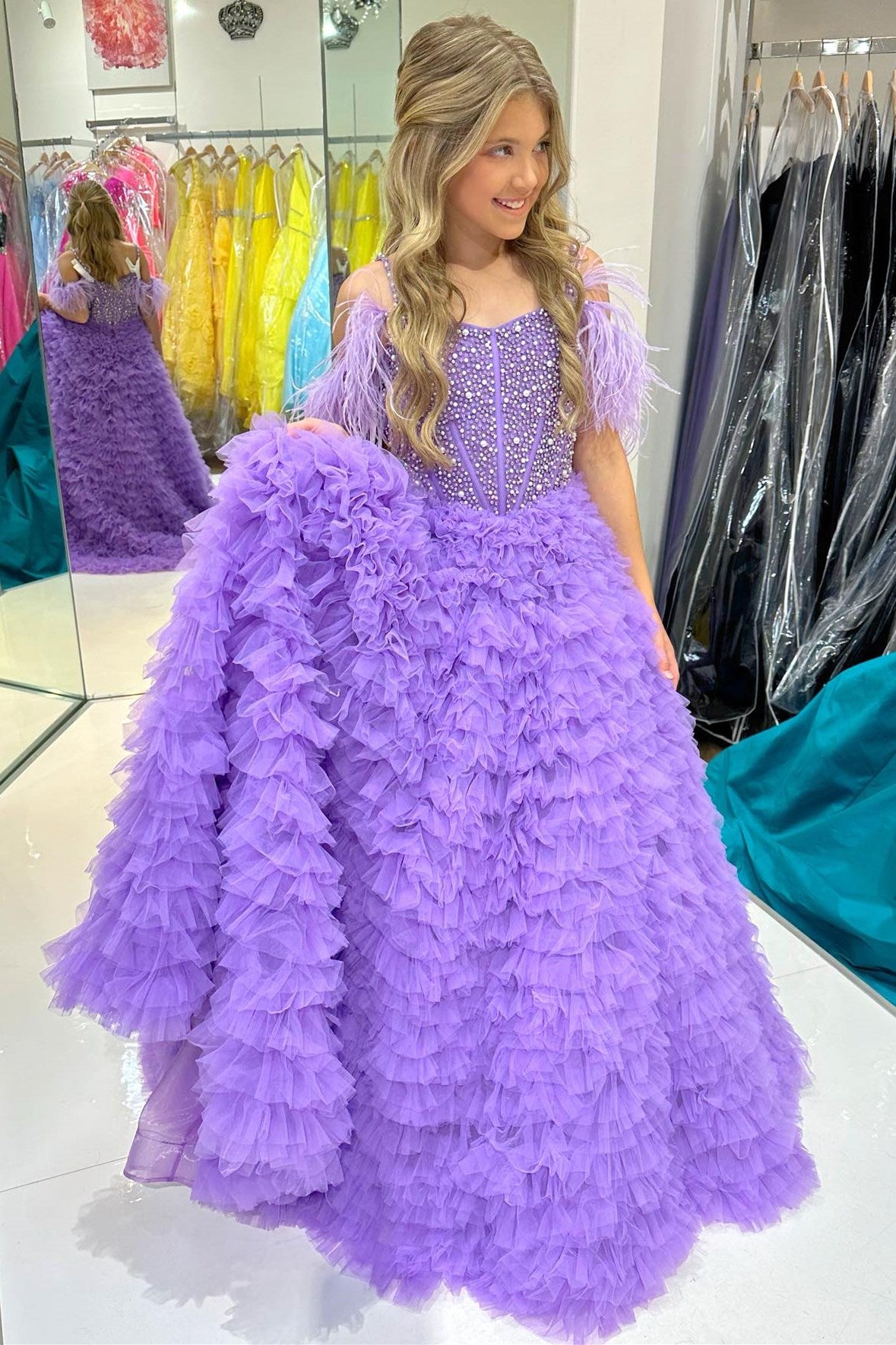 Purple Beaded Cold-Shoulder Ruffle Long Girl Pageant Dress