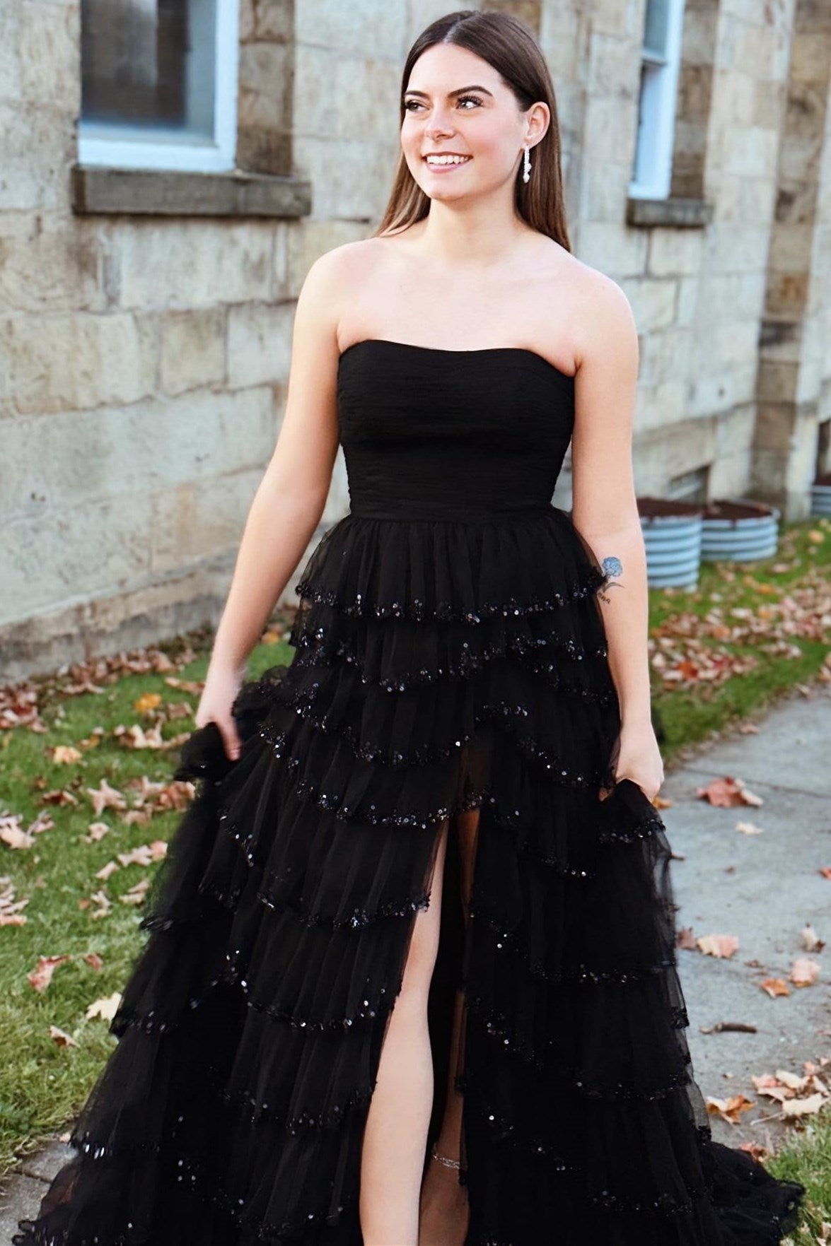 Black Tulle Strapless Ruffle Beaded Long Prom Dress with Slit