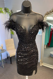 Black Sequin Off-the-Shoulder Lace-Up Short Gown with Feathers