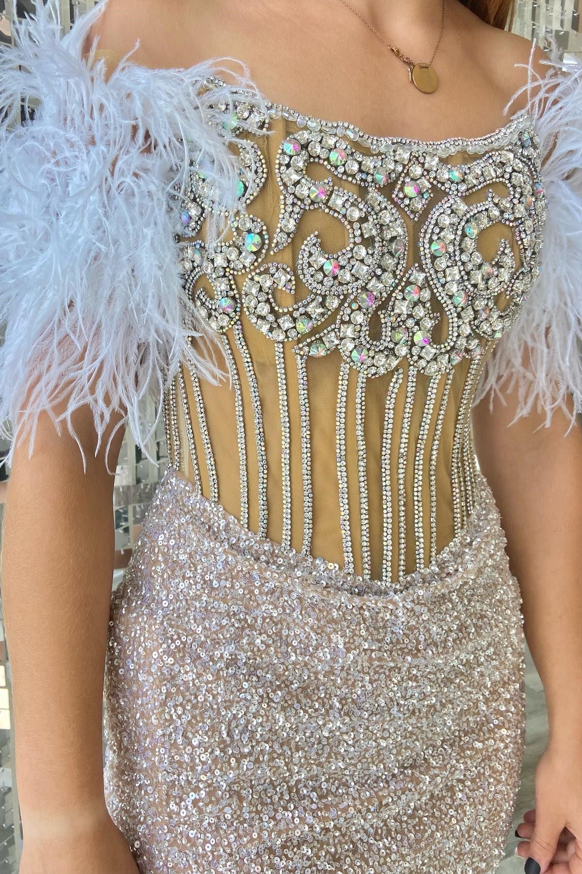Silver Sequin Off-the-Shoulder Beaded Short Dress with Feathers