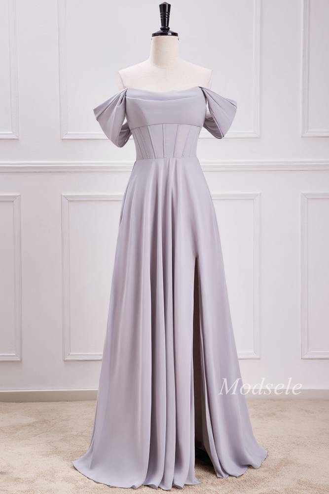 Chiffon Off-The-Shoulder Long Sleeves Dresses with Slit Steel Grey