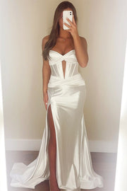 Classy Strapless Keyhole Mermaid Satin Long Prom Dress with Slit