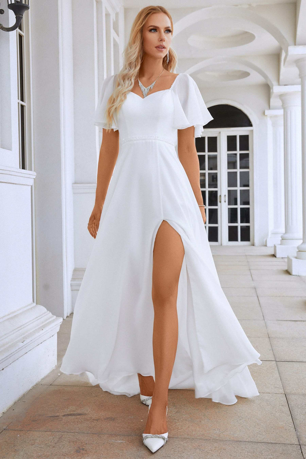 White Chiffon Tie-Back A-Line Long Dress with Flutter Sleeves – Modsele