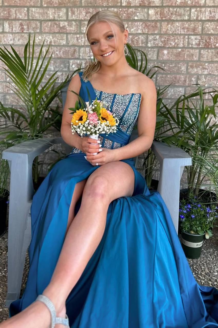 Black One Shoulder Beads Sleeveless Long Prom Dress with Slit