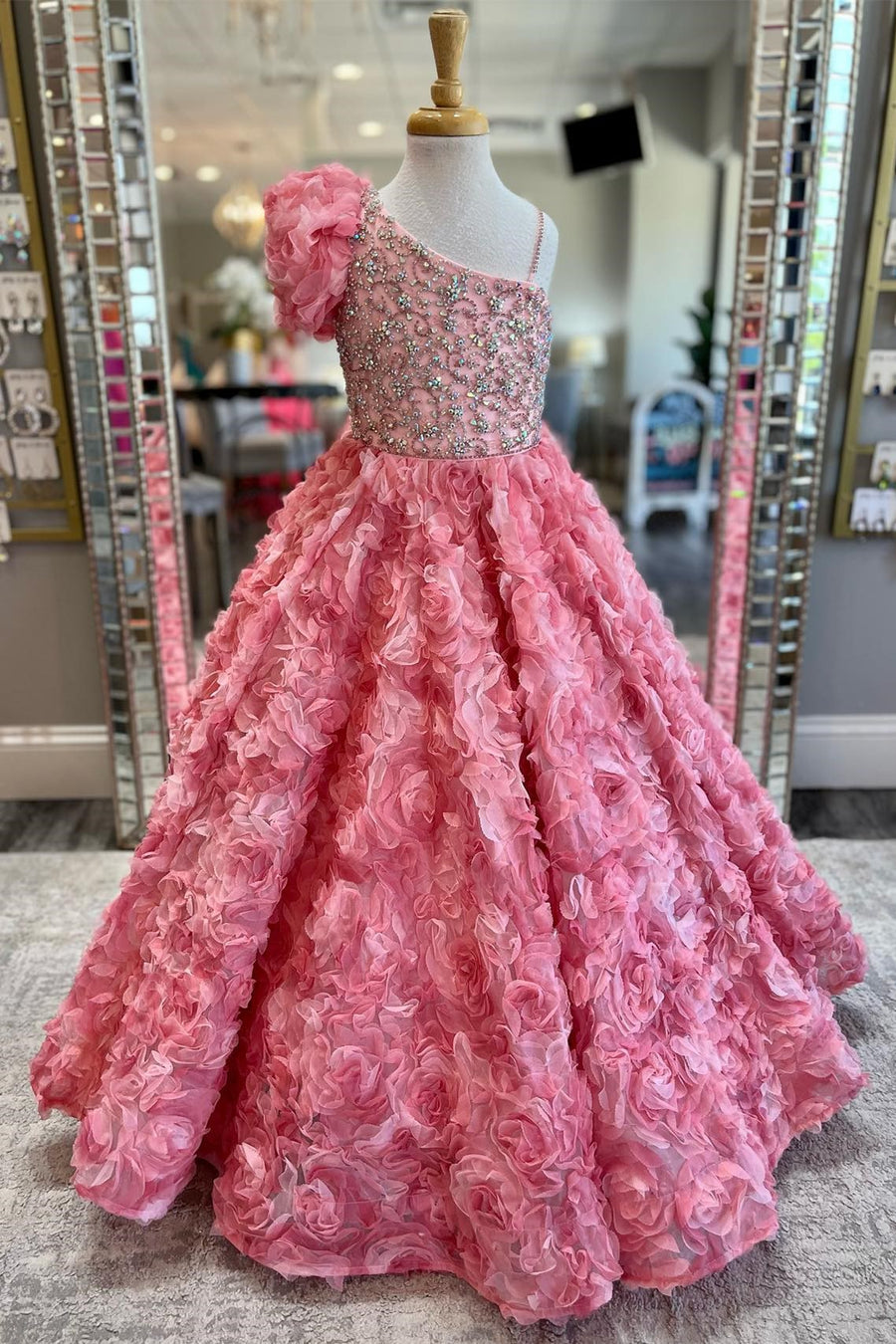 Asymmetrical Pink Floral Petal Appliques Beaded Girl Pageant Dress