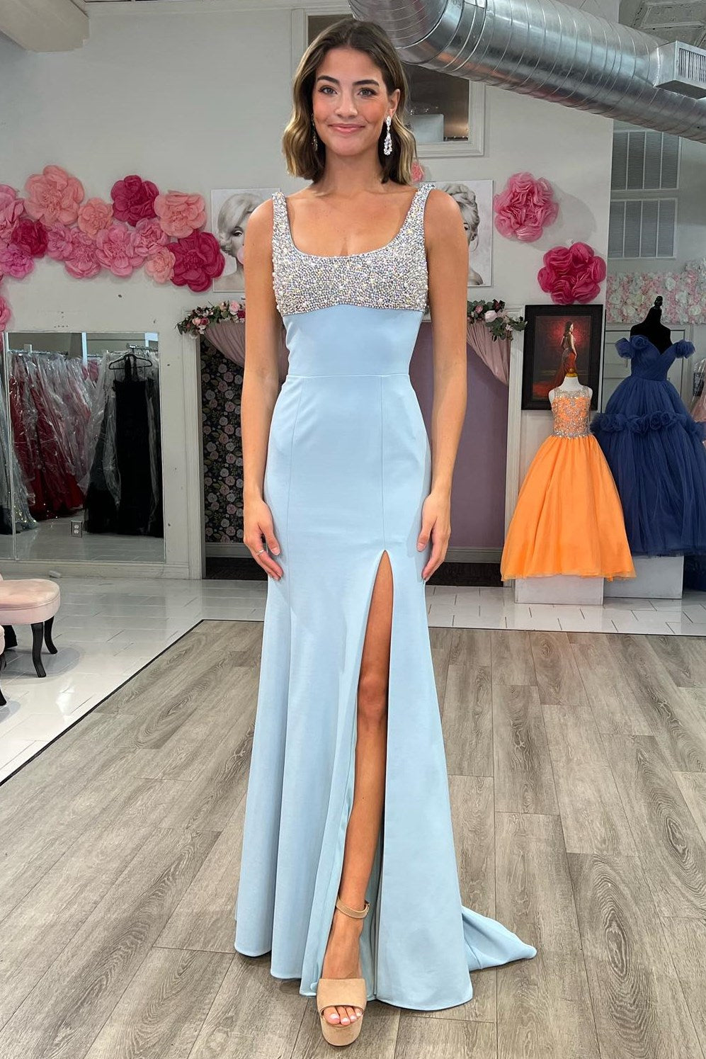 Square Neck Ruched Mermaid Dress With Slit Red main image 1