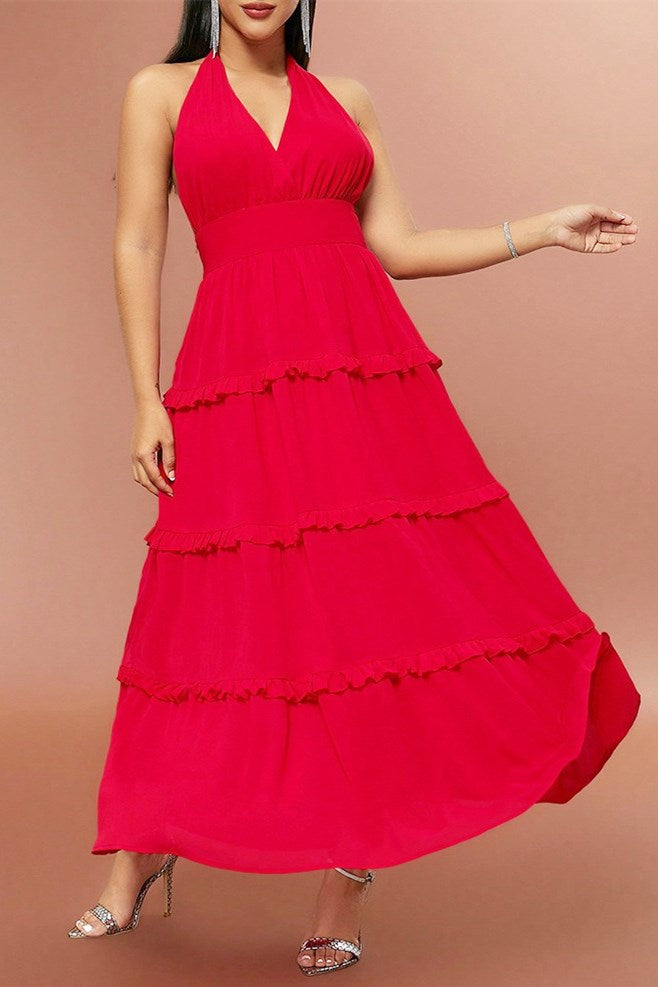 Red Halter High-Waist Ruffle Maxi Dress