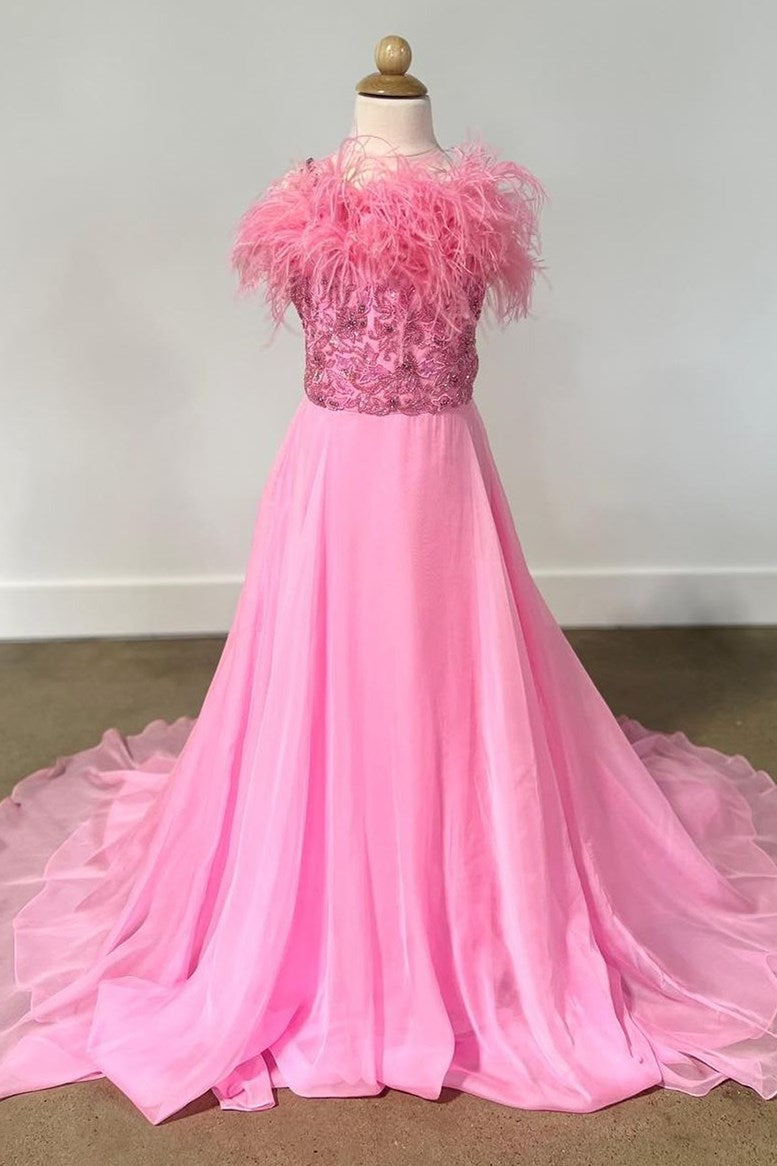 Pink Beaded Spaghetti Strap A-Line Girl Pageant Dress