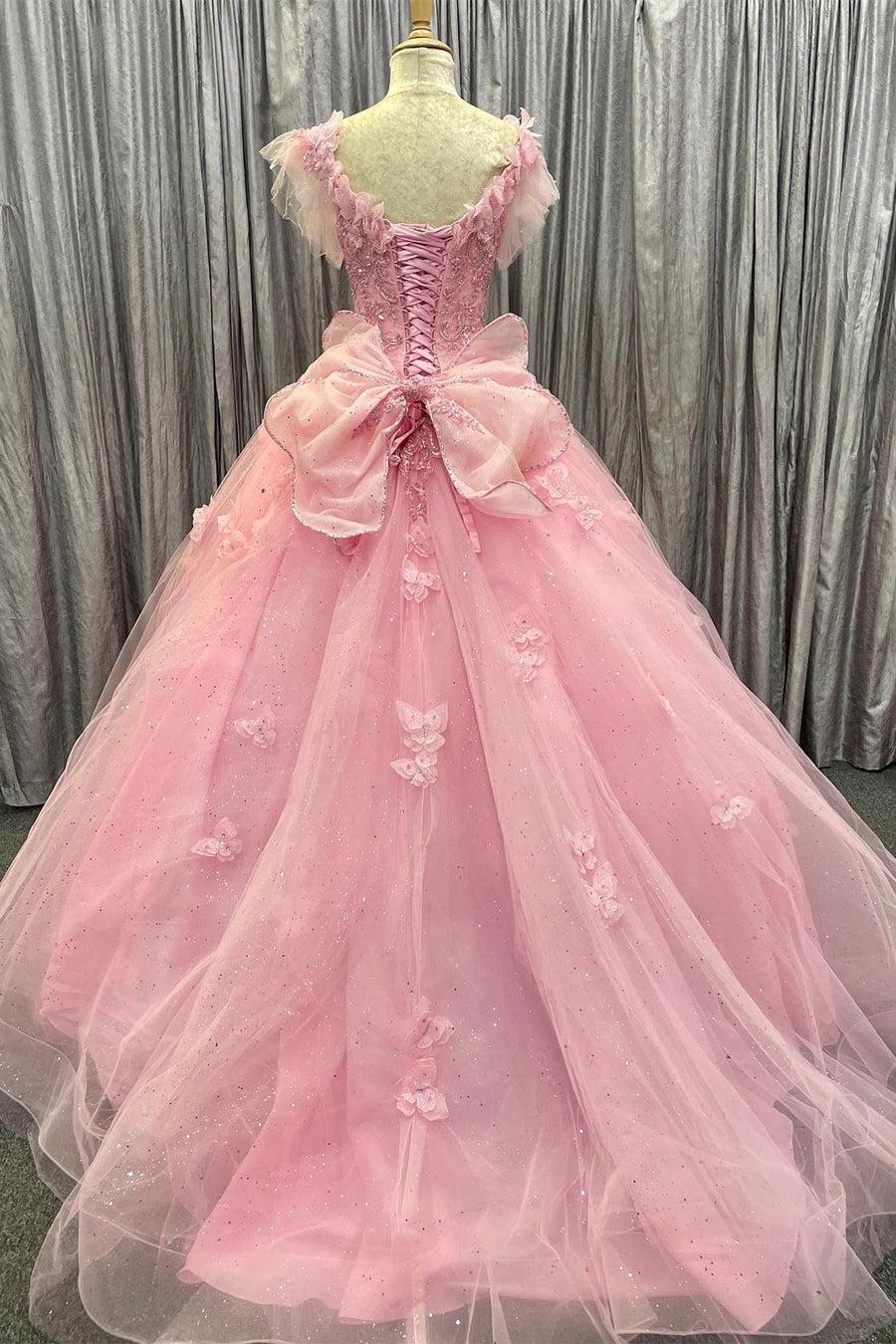 Pink Tulle 3D Floral Lace Bow-Back Ball Gown with Flutter Sleeves