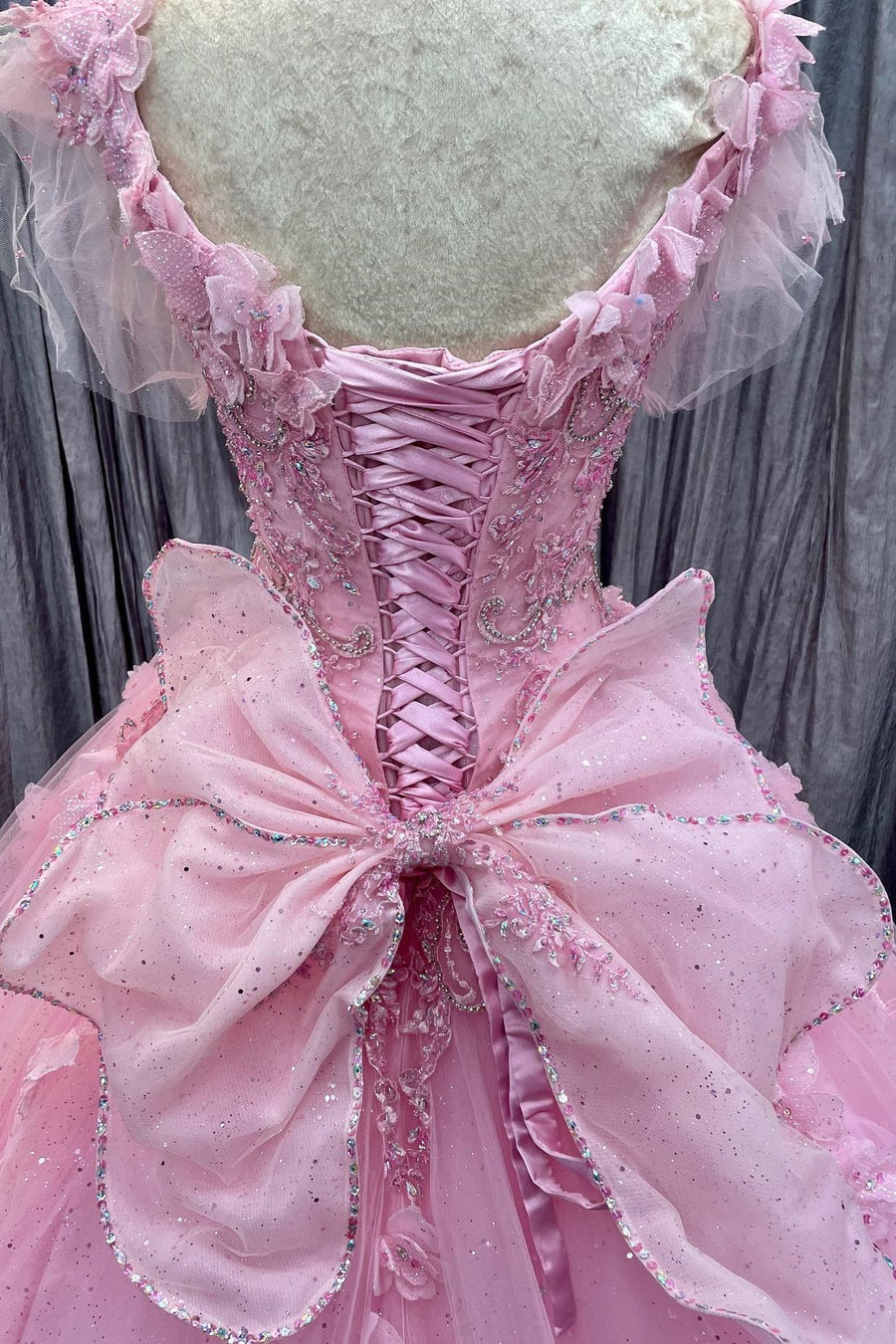 Pink Tulle 3D Floral Lace Bow-Back Ball Gown with Flutter Sleeves