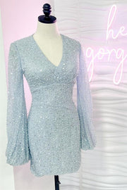 Silver Sequin Surplice-Neck Cocktail Dress with Balloon Sleeves