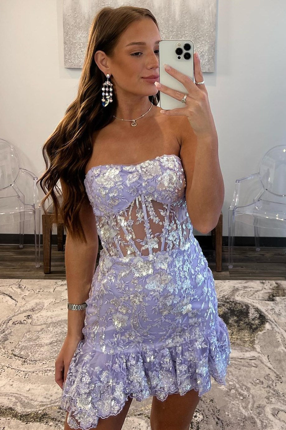 Lavender Sequin Lace Strapless Sheer Bodice Short Gown with Ruffles