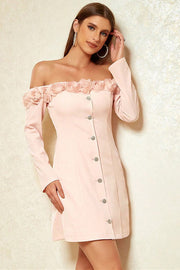 Pink Rosette Off-the-Shoulder Bodycon Mini Dress