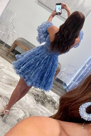 Magenta Strapless Ruffles A-Line Short Party Dress with Puff Sleeves