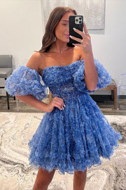 Magenta Strapless Ruffles A-Line Short Party Dress with Puff Sleeves