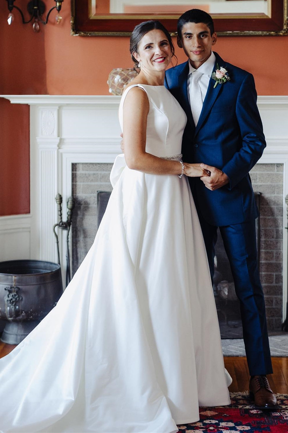 White Satin Bateau Beaded Wedding Dress with Bow