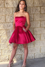 Red Strapless A-Line Short Homecoming Dress with Pockets