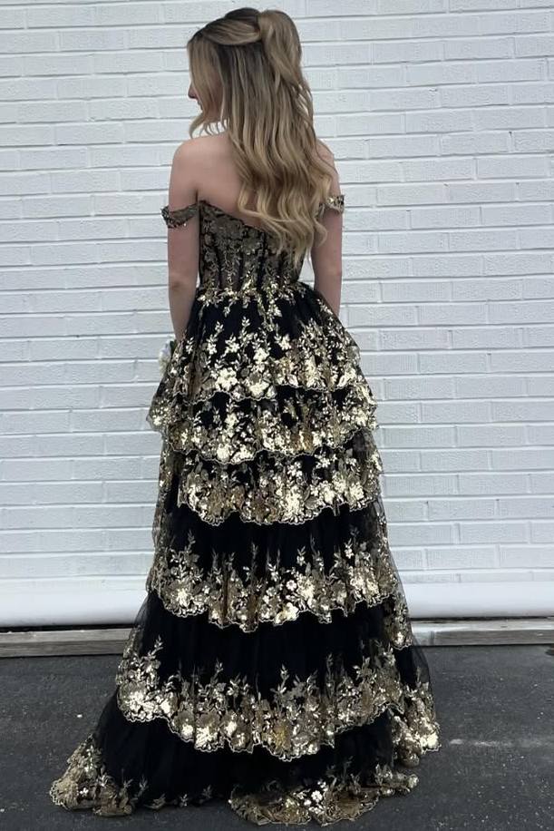 Fairytale Sequin-Embroidery Off-the-Shoulder Tiered Long Prom Dress with Slit