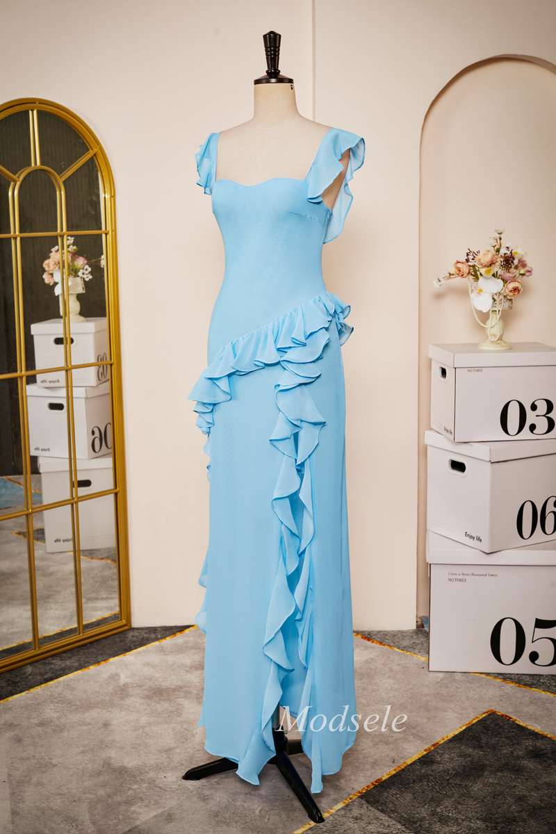 Light Blue Sweetheart Open Back Ruffle Long Dress
