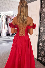 Red Corset A-Line Long Prom Dress with  Rosette Straps