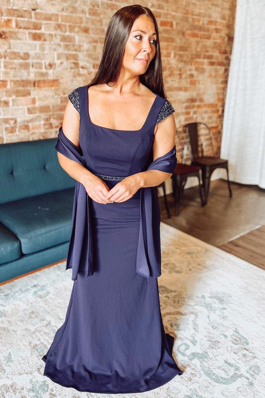 Navy Blue Square Neck Mother of the Bride Dress with Cap Sleeves