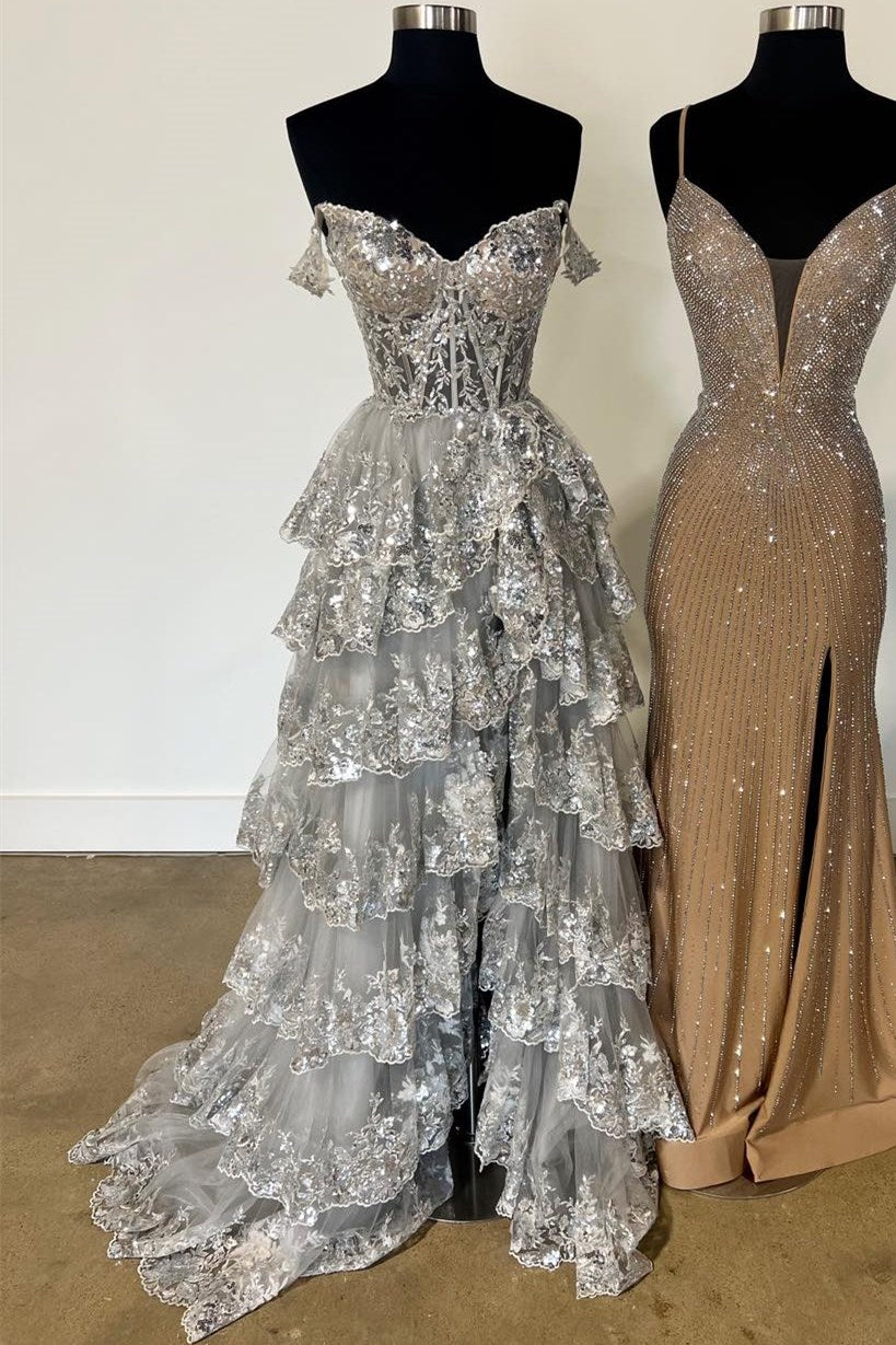 Fairytale Sequin-Embroidery Off-the-Shoulder Tiered Long Prom Dress with Slit